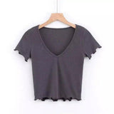 Women's Fitted V-Neck Ribbed Tee-Grey-3