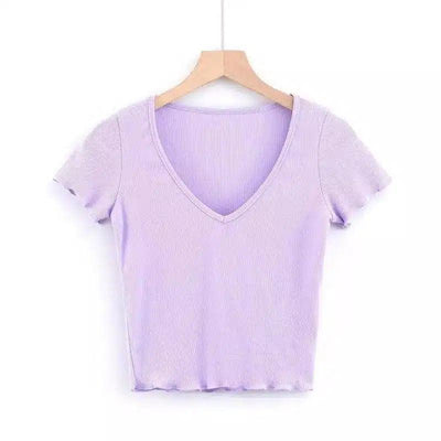 Women's Fitted V-Neck Ribbed Tee-Purple-4