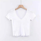 Women's Fitted V-Neck Ribbed Tee-White-6