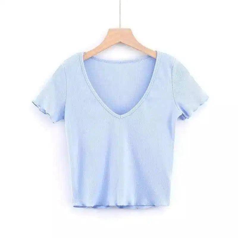 Women's Fitted V-Neck Ribbed Tee-Light Blue-7