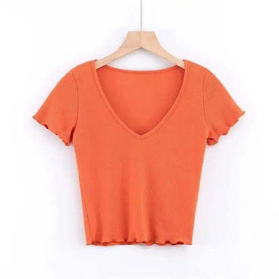 Women's Fitted V-Neck Ribbed Tee-Orange-8