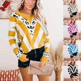 LOVEMI - Lovemi - V-Neck Striped Leopard Print Sweater