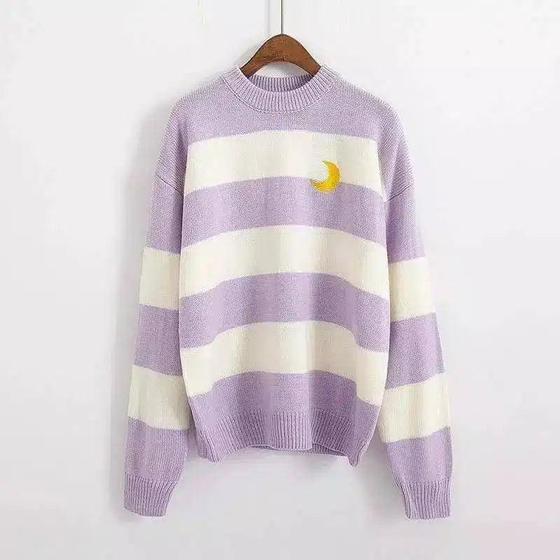 Striped Crewneck Sweater with Embroidered Detail-Light Purple-3