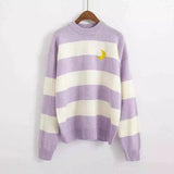 Striped Crewneck Sweater with Embroidered Detail-Light Purple-3