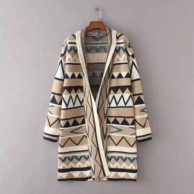 Wavy striped cardigan coat-Khaki-3