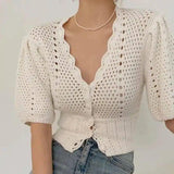 Women's Crochet Knit Short Sleeve Cardigan-White-2