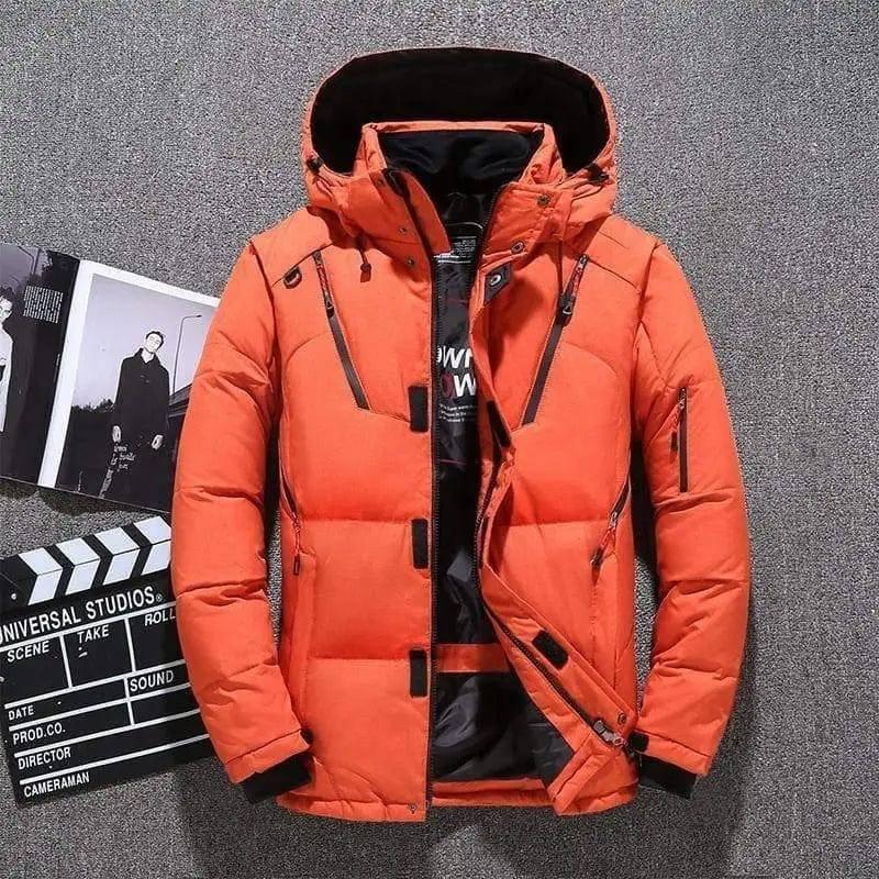 Winter Thick Men Jacket Solid Hooded Coats Hat Detachable-Orange-1