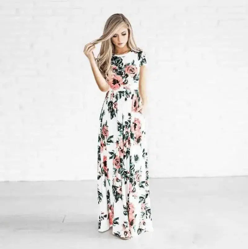 Women's Flower Printing Maxi Dress-White-10