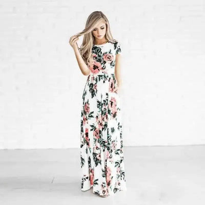 Women's Flower Printing Maxi Dress-White-10