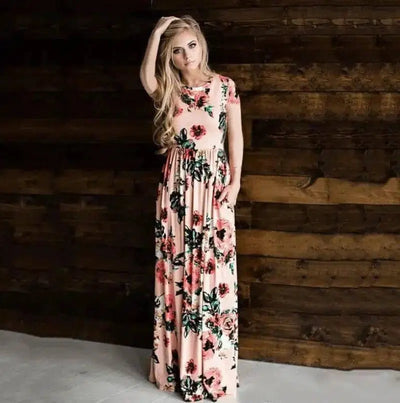 Women's Flower Printing Maxi Dress-Pink-16