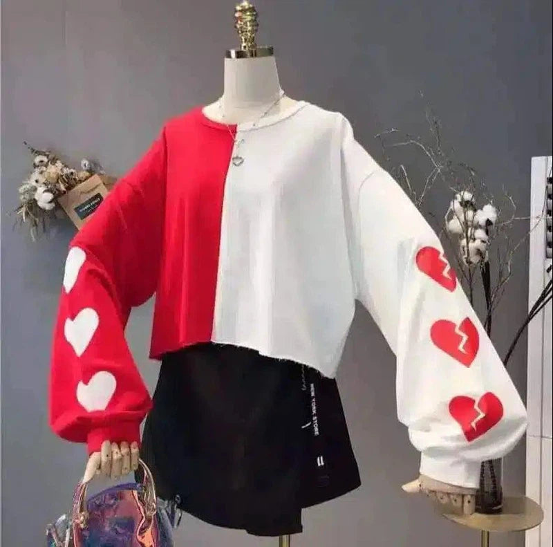 Heart Print Cropped Sweatshirt for Women-Red-4