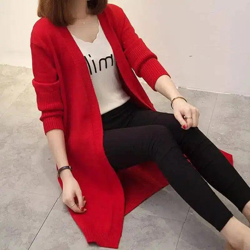 Women's Long Knit Cardigan with Pockets-Red-4