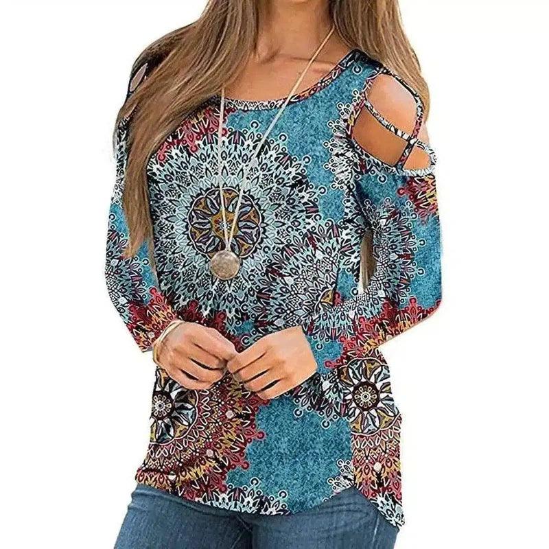 Women's Floral Cold Shoulder Long Sleeve Top-Geometry-6