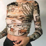 Women's Round Neck Long Sleeve Fashion Printed Slim T-shirt-Khaki-1