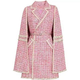 Womens Tweed Belted Coat with Fringe Detail-As shown-1