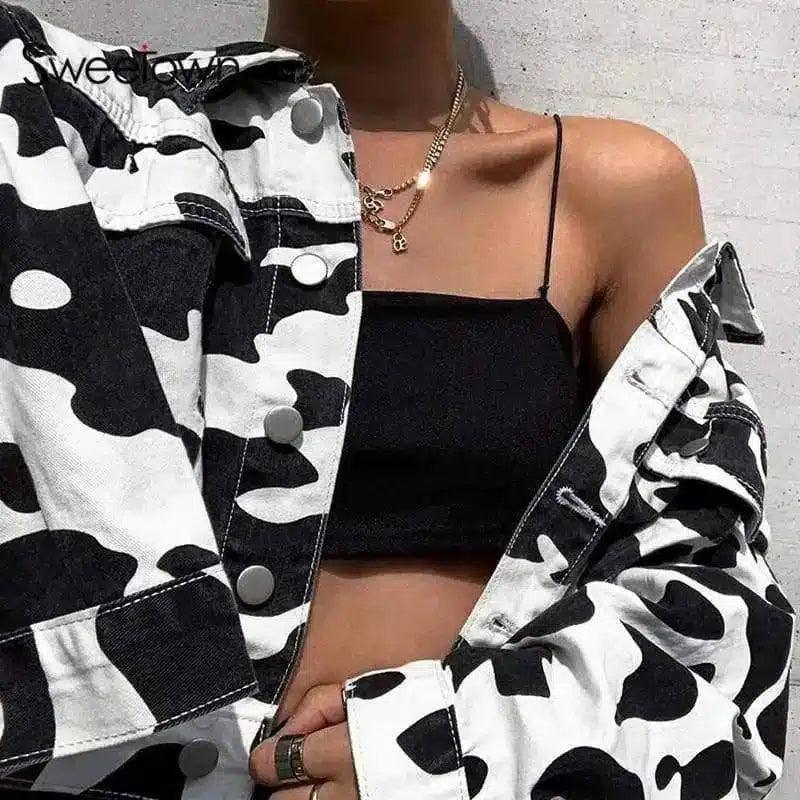 Women's Cow Print Fashion Jacket-White-1