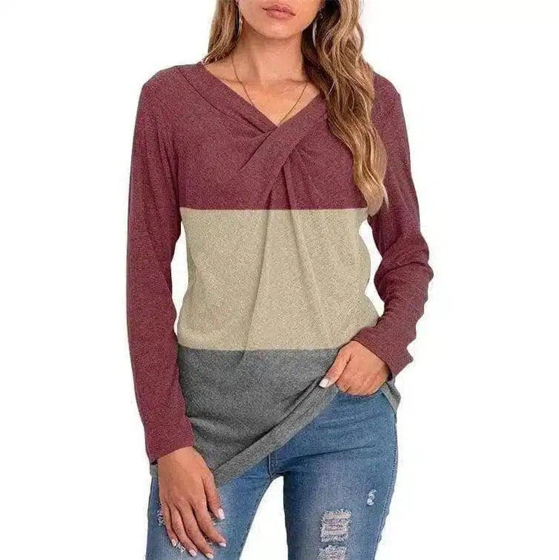 Women's Long Sleeve Crossover Top-Red wine-4