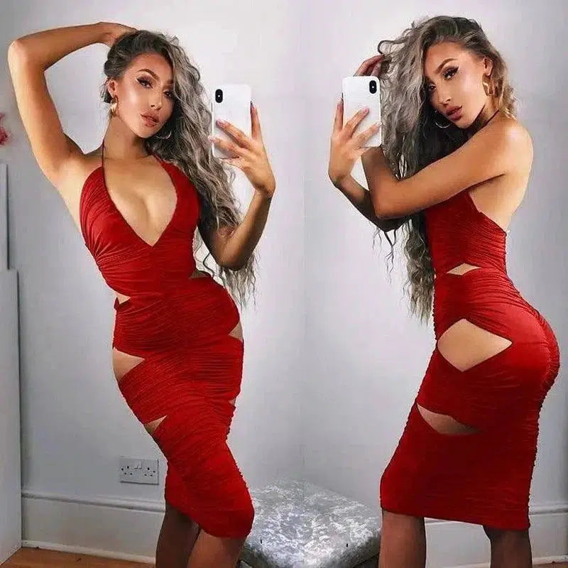 Womens Bodycon Halter Deep V Neck Cut Out Sleeveless-Red-19