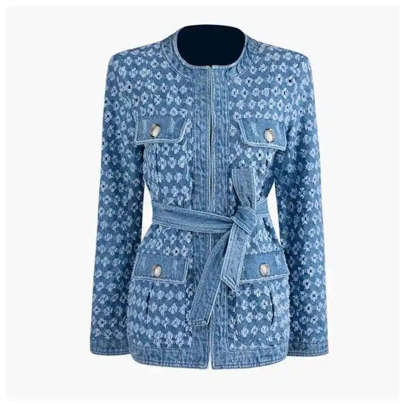 Floral Denim Jacket with Belt for Women-Blue-1