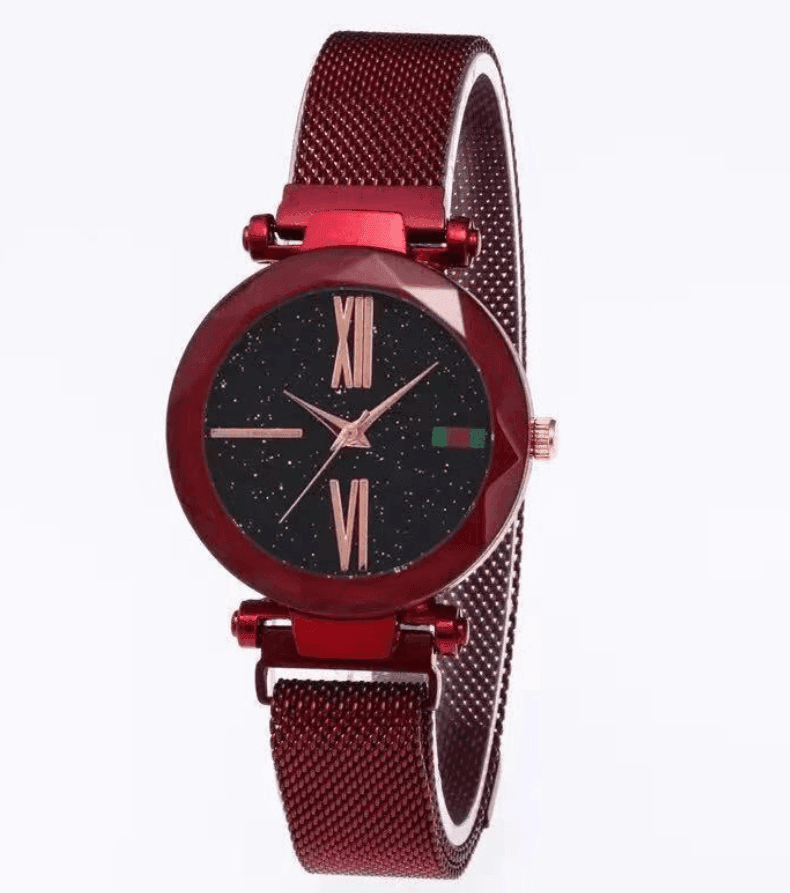 Luxury Women Watches Mesh Ladies Clock Magnet Buckle Starry-Red-13