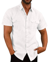 Men's Button Short Sleeve Shirt Summer Casual Double Pocket Wide Collar Beach Shirt Summer Apricot / 3XL-White-2