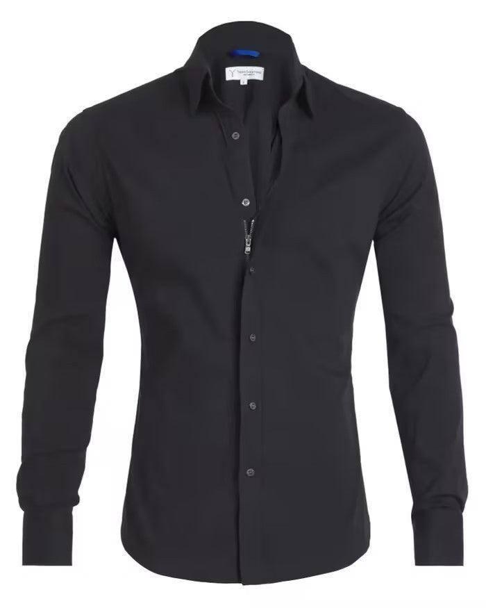 Men's Shirt Zipper Shirt Hidden Fake Button-Black-5