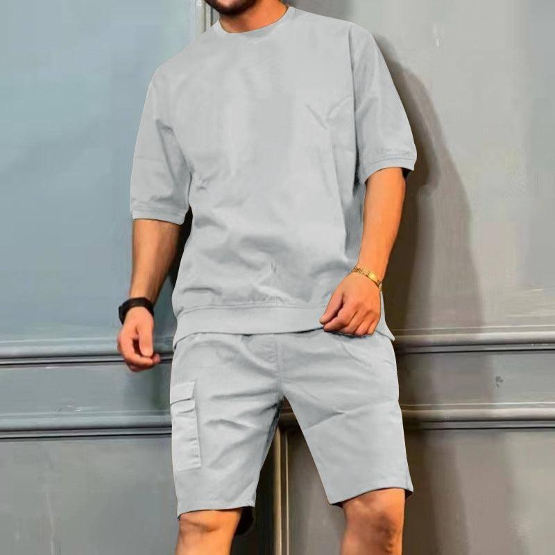 Men's Sports Suits Summer Round Neck Short-sleeved Top And-Light Grey-2