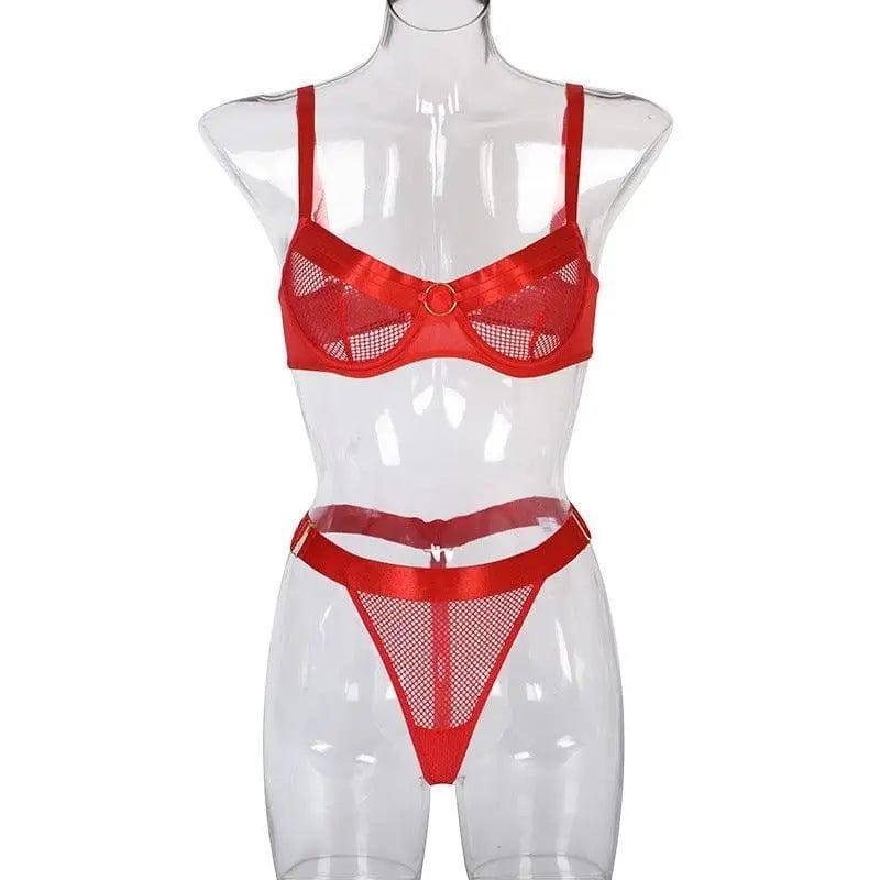 Mesh Stitching Ladies Sexy Lingerie Set-Red-3