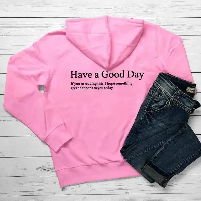 Minimalist Have A Good Day Printed Back Casual Hooded Pocket-Pink-3