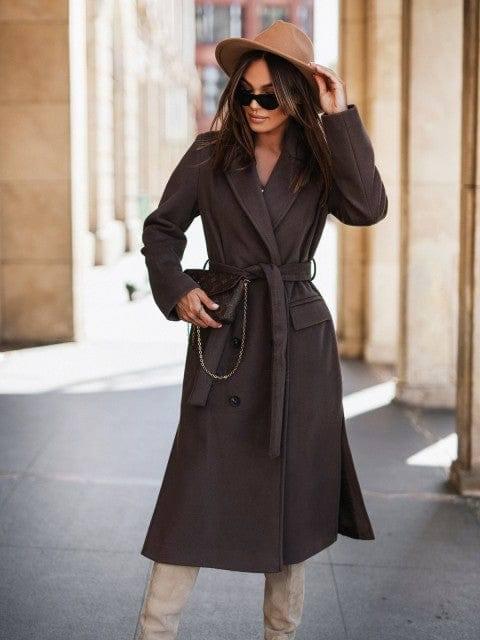 Minimalist Long Sleeve Suit Collar Strap Woolen Coat Women's-Dark Gray-5