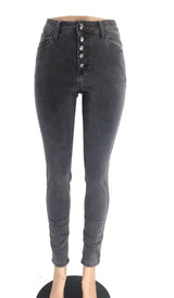 Multi-button chic high-rise skinny long jeans-Grey-4