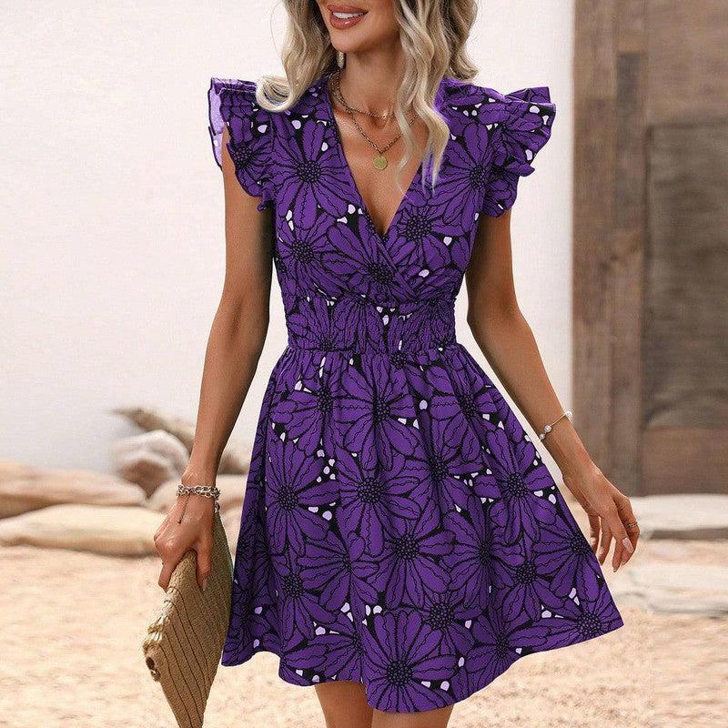 New Flowers Print Ruffled Sleeveless Dress Summer Deep-Purple-7