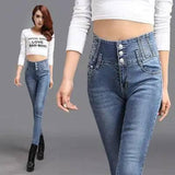 new high waist buckle stretch jeans women's Korean-2