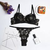 New Lingerie Set Flower Embroidery Girl Underwear With-Black-7