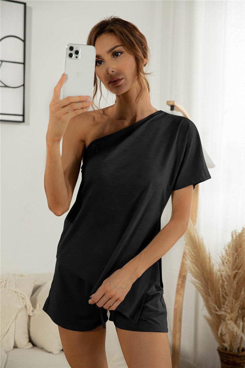 Off-the-shoulder Short Sleeve Sloping-shoulder Off-Black-3