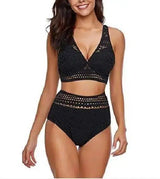 One-piece high waist cutout lace bikini-Black-1