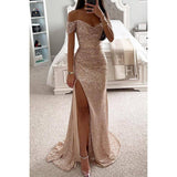 Party Sequins Off-neck Split Dress INS Casual Fashion Dress-9