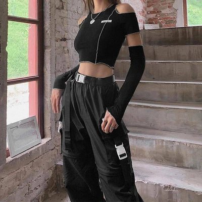 Patchwork Black T-shirts Gothic One Shoulder Sleeve Y2k Crop-2