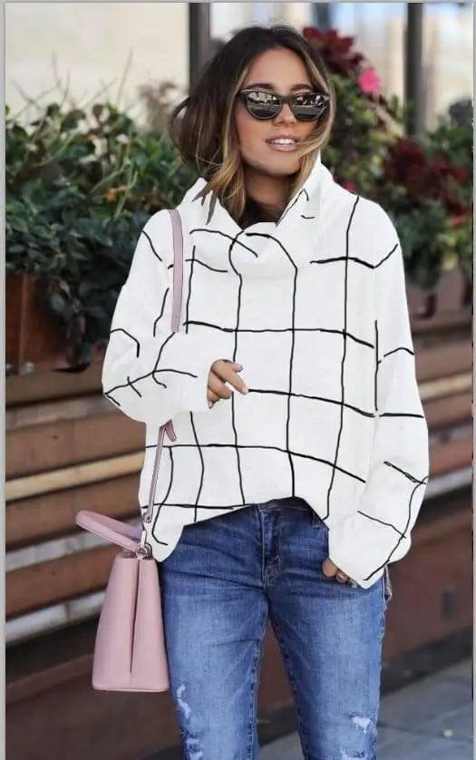 Plaid sweater pullover plaid sweater-White-7