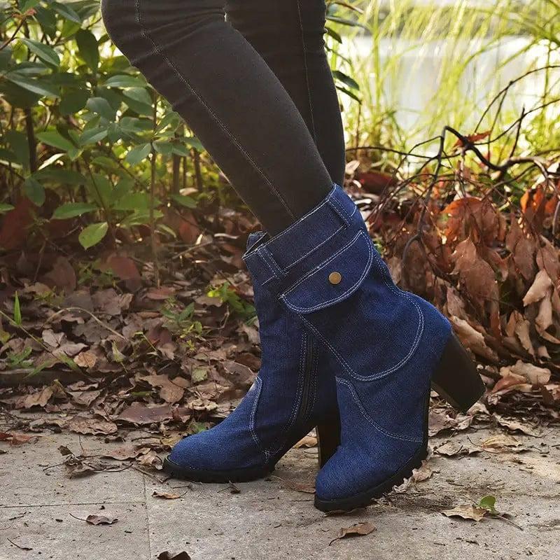 Plus Size High Heel Denim Mid Tube Women Boots-Navy Blue-1