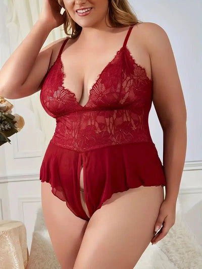 Plus Size Bodysuit Women's Plus Floral Jacquard Semi-Red-1