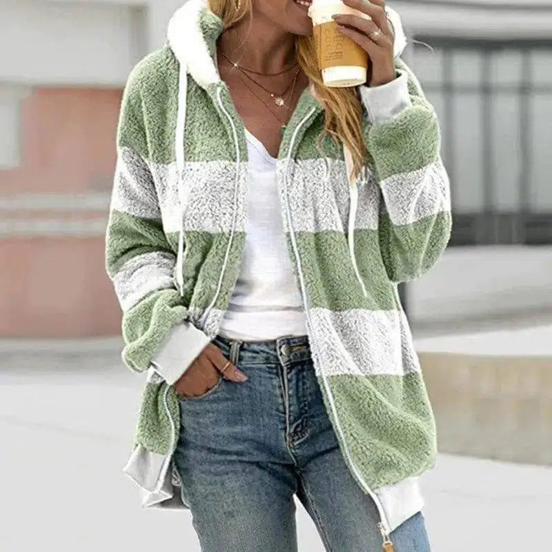 Plush Multicolor Patchwork Hooded Coat Women-Green-1