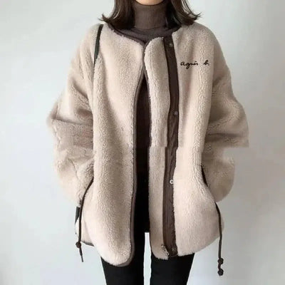 Plush Stitching Round Neck Zipper Loose Long Sleeve Fashion-7