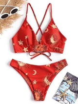 Printed Swimwear Flower Triangle Cup Strap Split High Cut-gules-2