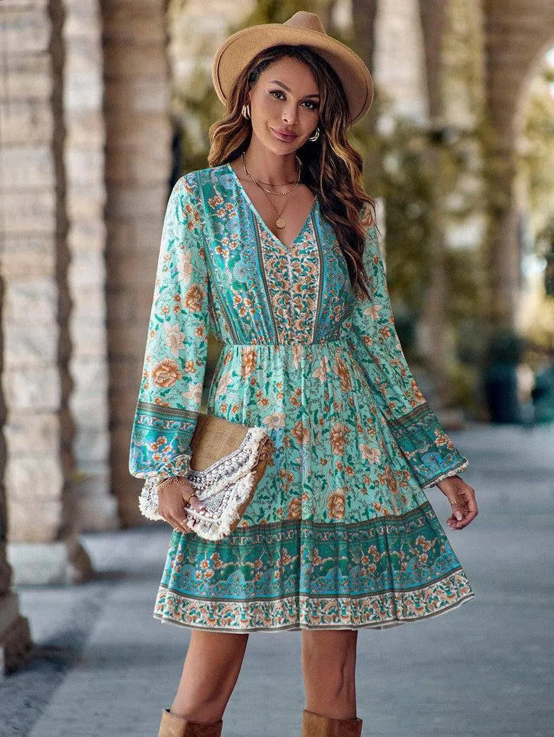 Printed V-neck Waist-controlled Long Sleeves Dress Women-Light Blue-2