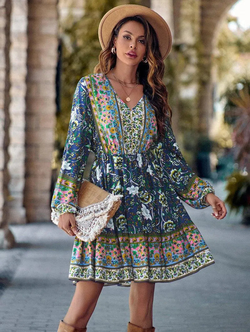 Printed V-neck Waist-controlled Long Sleeves Dress Women-Dark Blue-3