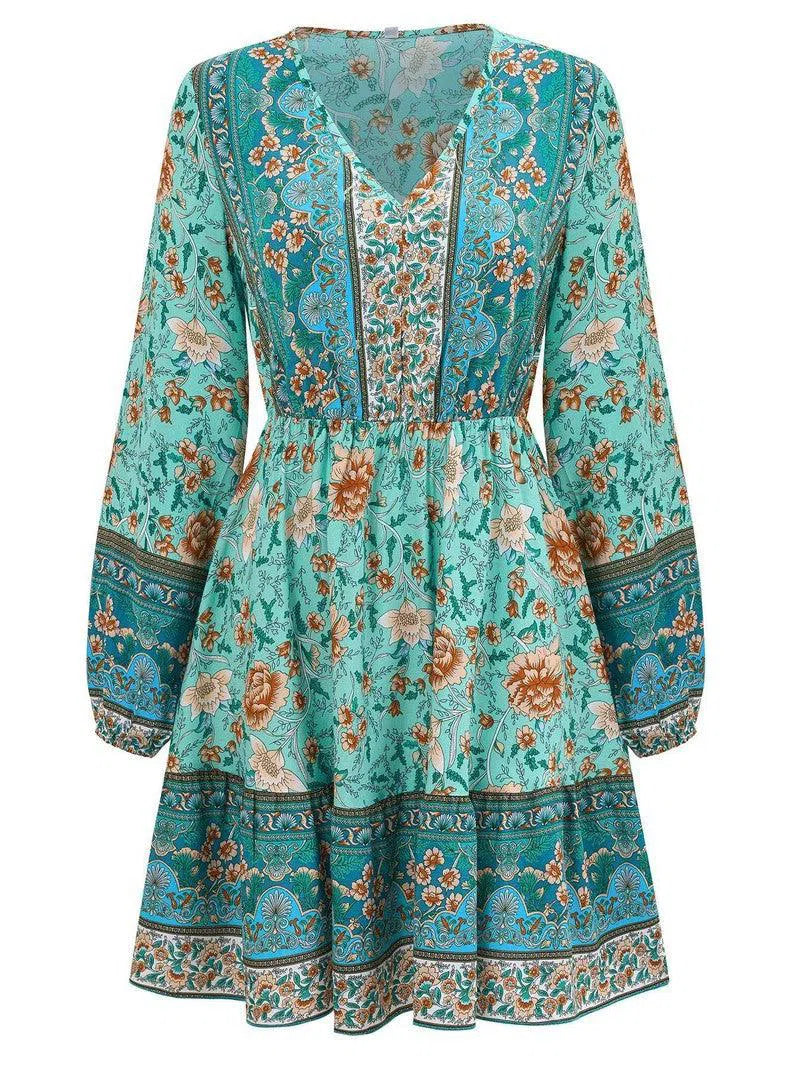 Printed V-neck Waist-controlled Long Sleeves Dress Women-5