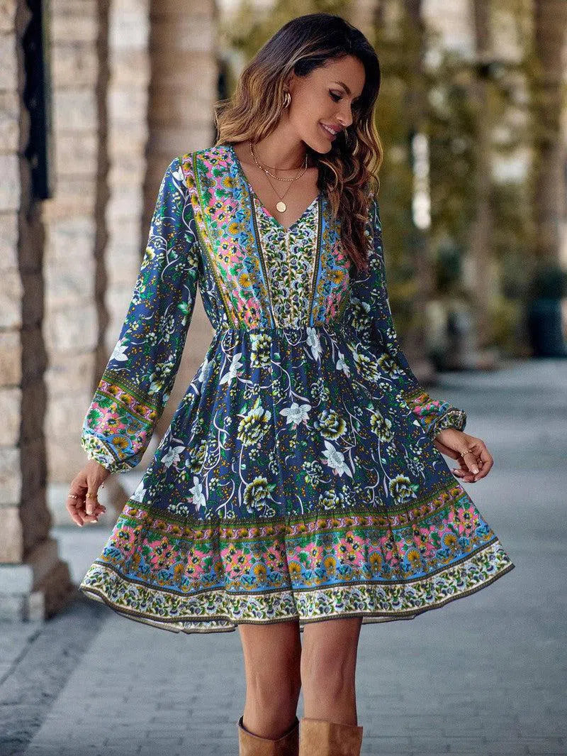 Printed V-neck Waist-controlled Long Sleeves Dress Women-9