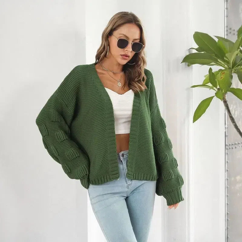 Puff Sleeve Cardigan Sweater Women Clothes Front Chunky-4