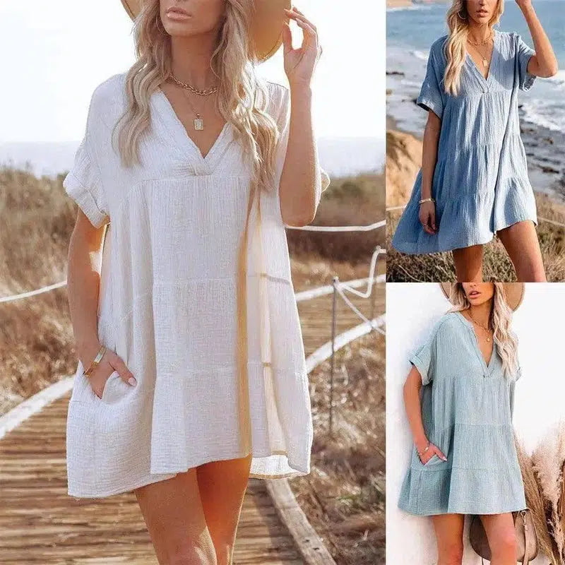 Pullover White Loose V Neck Dress-1